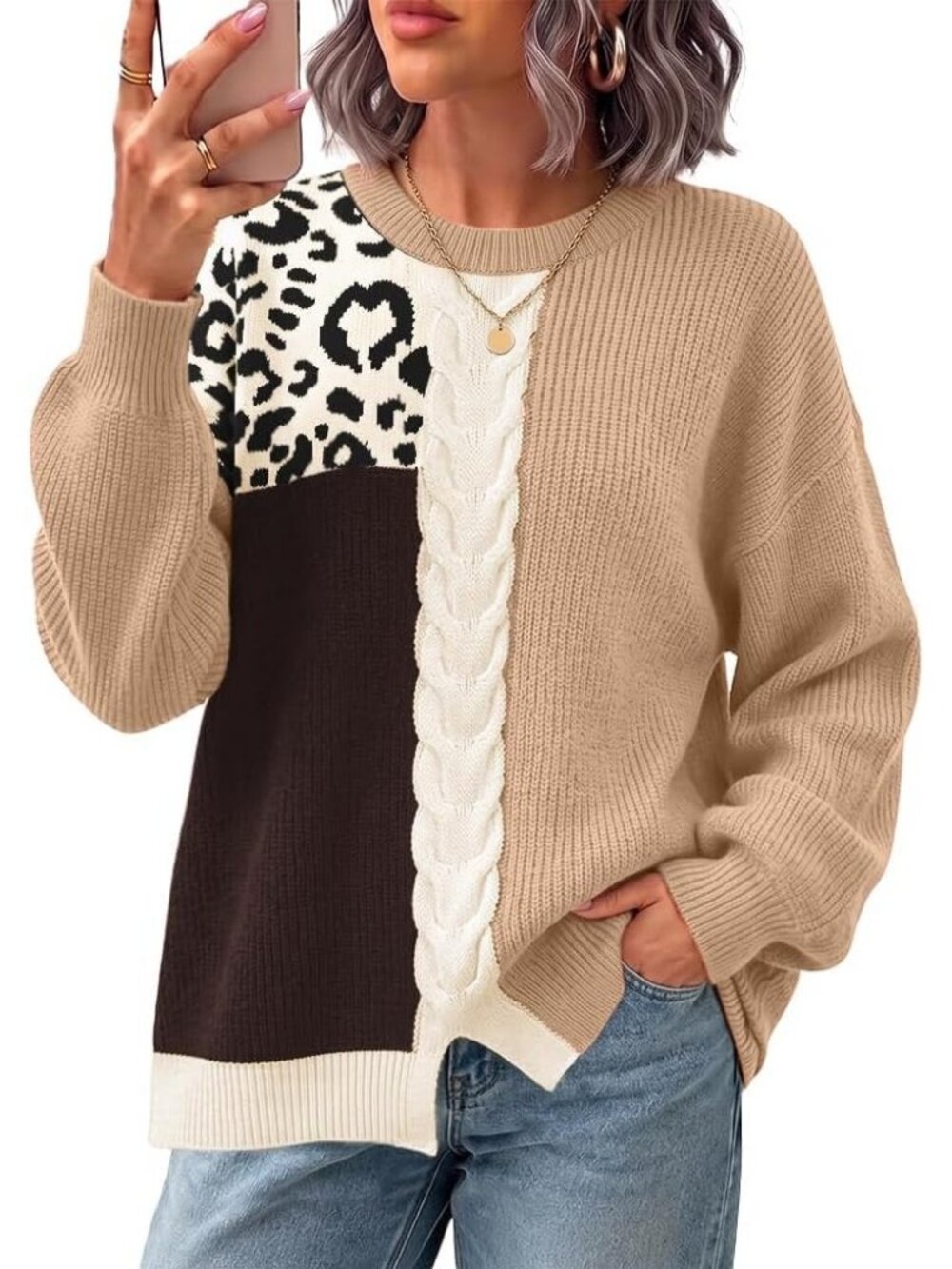 Women's Khaki NEW Oversized Fall Fashion Clothes Contrast Cable Trendy Sweaters